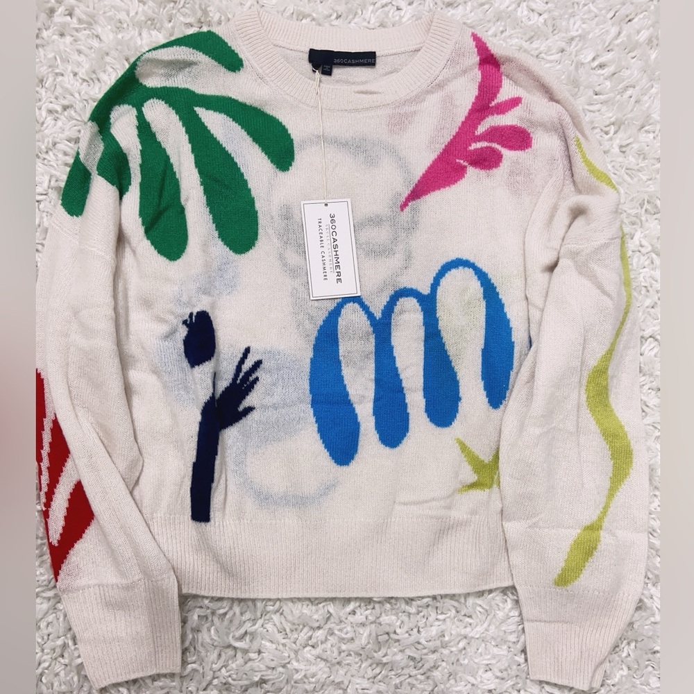 NWT 360 CASHMERE Ryanne Skull Abstract Graffiti Pullover Sweater Size S